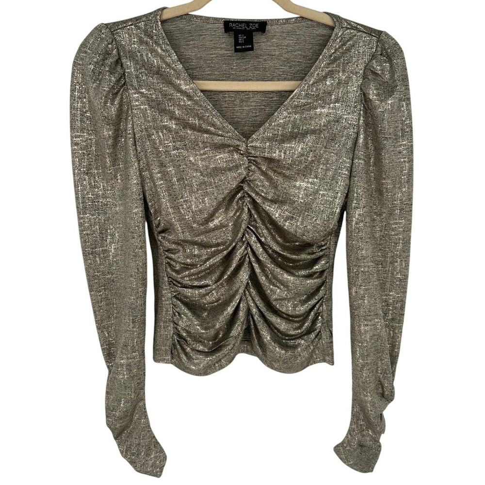 Rachel Zoe Gold Metallic Ruched V-Neck Blouse Long Sleeve Party Holidays S